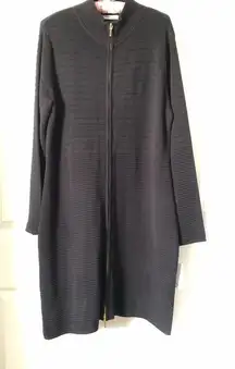 New Calvin Klein black ribbed sweater coat dress L knee length full zip up