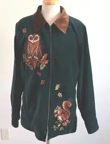 Bob Mackie Wearable Art Jacket Sz Lg Owl Squirrel Embroidered Velvet Green