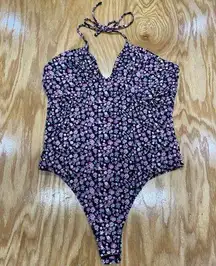 Wayf One-Piece Swimsuit Womens Large Black Floral Sleeveless Halter Hipster B67