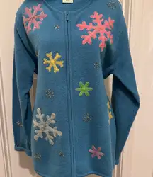 Quacker Factory Holiday Sparkle Snap-Front Knit Cardigan Ivory Sz Med