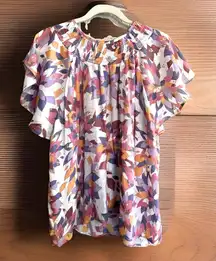 Harve Bernard‎ Smocked Floral Blouse Flutter Sleeves XL Summer Classic Comfort