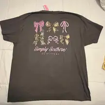 Simply Southern Charcoal Tee with Pink and Camoflage Print Bows. Size XXLarge