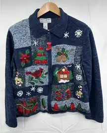 Vtg TIARA INTERNATIONAL Christmas Snow Full Zip Cardigan XL Cardinal Sweater