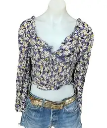 Nordstrom  Purple Navy Floral Milkmaid Crop Top LARGE Pansy Long Sleeves NEW