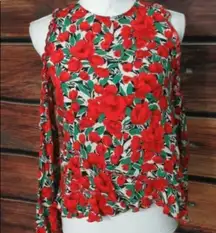 red flowers daisy print blouse shirt tee top long sleeve off shoulders sz S
