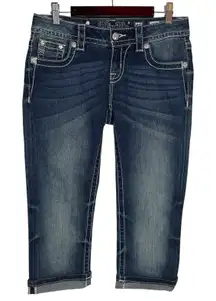 Miss Me Jeans Signature Cuffed Capri 25 Thick Stitched Sequin Embroidered Wings