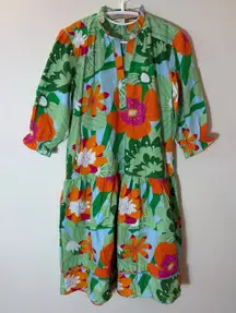 Maude Vivante Cotton Floral Tiered Midi Dress Green Orange Pink Blue Size Medium
