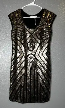 Neslay Design Black Gold Sequin Party Dress Small Glam Bodycon Sparkle
