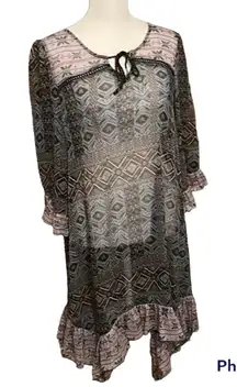 Sun & Shadow sz S black & blue print ruffled hem & sleeves swimsuit coverup GUC