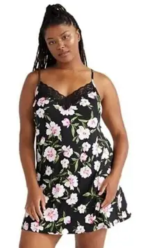 Joyspun Women’s Lace Trim Knit Chemise, Size 2X, BLACK WITH PINK FLOWERS