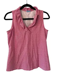 J McLaughlin Sleeveless Ruffle Collar Polo Shirt Red White Zig Zag Print Size M