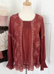 Johnny Was Embroidered Peasant Blouse Rust Red Pink Sz S