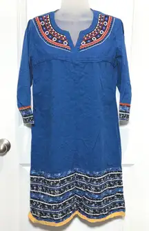 Rini Blue Embroidered Boho Tunic Dress XL Cotton V Neck 3/4 Sleeve Hippie