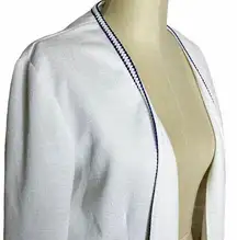 Cricket Lane Blazer VTG Womens Size 16 White Knit Navy Braided Trim Open Front