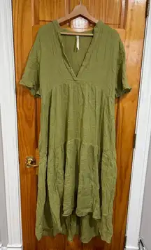 By Anthropologie Crinkle Gauze Tiered Maxi Dress Olive Green V-Neck Short Sleeve