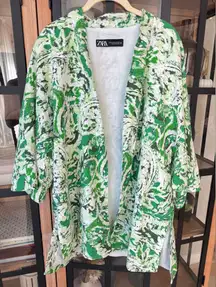 Zara linen kimono top tunic open cardigan short sleeve kelly green print