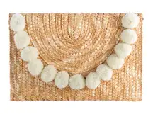 Fortuna Wheat/Cream Straw Raffia Envelope Pom Pom Clutch Bag