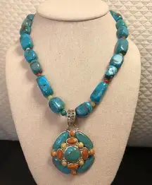 BARSE Turquoise Coral Spiny Oyster Citrine 925 Necklace  & Mosaic Inlay Pendant
