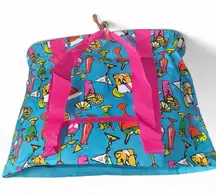 Colorful Cocktail Print Beach Tote Bag | Pink Handles | Large Summer Bag