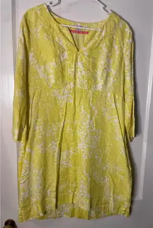 Boden Yellow Floral Linen Blend V Neck Long Sleeve Shift Dress Size 12R