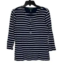 LRL Lauren Jeans Co. Striped Henley Top Women Medium 3/4 Sleeve Front Button