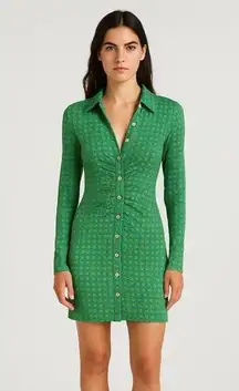 Free People Shayla Green Long Sleeve Printed Button Down Ruched Mini Dress S