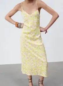 Zara Satin Slip Dress Womens Size Large Printed Sleeveless Floral Midi