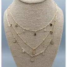 Ettika Layered Pendant Necklace in Gold Tone Saturn Chain Discs Crystals 15" Long