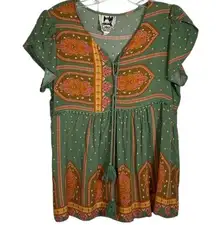 Anthropologie Jaase Sz S Blouse Flutter Sleeve Tassel Tie Green Orange