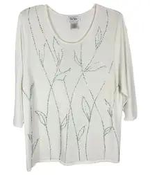 Bob Mackie‎ Large Top Wearable Art White Green Beaded Knit Sequins Stretch 202
