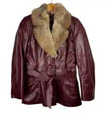 Vintage Leather Rabbitt Fur Trim Trench Tie Jacket Sz 5/6 Maroon Y2K Mob Wife