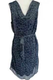 New  Paisley Print Sleeveless Cowl Neck Tie Waist Dress Blue