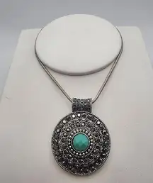 Trifari Silver Tone Blue & Gunmetal Rhinestone Medallion Necklace