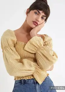 Urban Outfitters Gingham Blouse Cinched Sleeve Mustard Yellow Smocked Top S