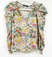 Zara Womens Cottagecore Spring V-Neck Puff Long Sleeve Floral Blouse Size‎ XS