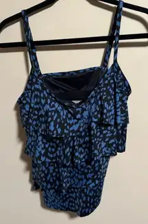 Miraclesuit Dreamsuit Slimming Control Tiered Tankini Top Blue Leopard- Size 10