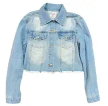 Love Tree Denim Women's Light Wash Raw Hem Long Sleeve Crop Jean Jacket Size M