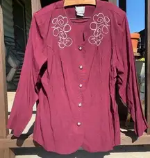 Vintage maroon floral embroidered button down church blouse 20W PLUS SIZE