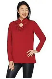 Belle by Kim Gravel Red Embellished Keyhole Tunic Top Size L TripleLuxe NWO