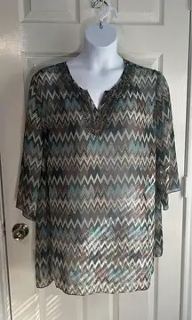 Maggie Barnes For Catherines Women 2XWP Zigzag Blue‎ Bohemian Mesh Blouse Casual