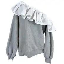 CLU One Shoulder Ruffled Sweatshirt In Heather Gray/White