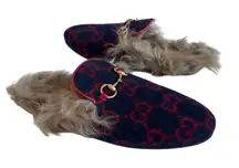 Gucci Princetown Horsebit GG Monogram Fur Lined Wool Flat Mules Navy Red Size 37