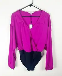 MILLY Magenta Silk Blend Drop Shoulder Long Sleeves Wrap Bodysuit, Size Small