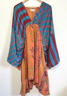 Kantha Bae Floral Patchwork Boho Dress One Size Blue Orange