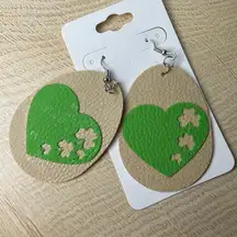 Green and Tan Faux Leather Heart and Shamrock Earrings