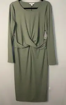 Nine West‎ Women's XL Long Sleeve Twist Front Ribbed Knit Midi Dress Sage Green