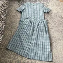 Leslie Fay Vintage Plaid Button Down Skirt Set Blue 12