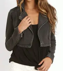 Free People Black Denim Cropped Moto Jacket Women’s Size Large