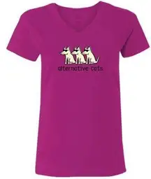 Teddy The Dog Alternative Cats MEDIUM Ladies V-neck Fuchsia Short Sleeve T-shirt