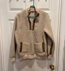 THML Women's Medium Sherpa‎ Pullover 1/4 Zip Beige Brown Trim Sweater